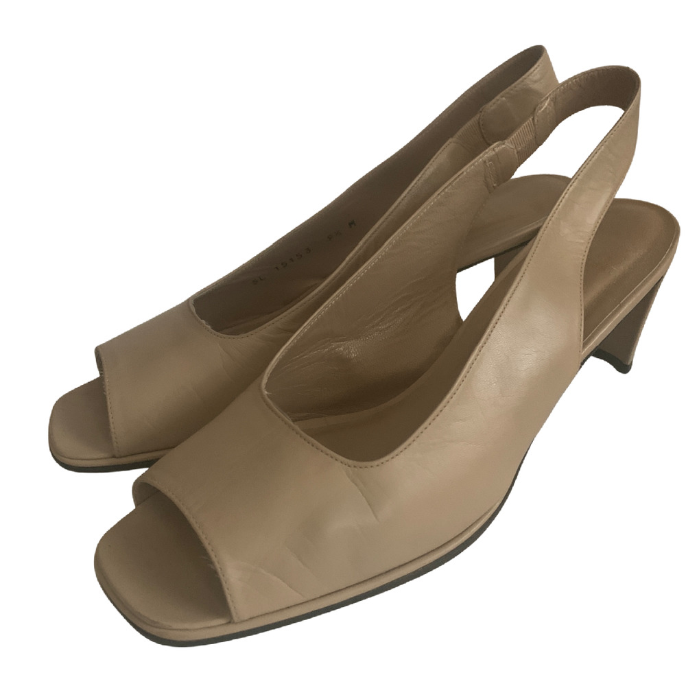 Stuart Weitzman Tan Leather Open Toe Square Toe Slingback Heel Shoes Size 9.5